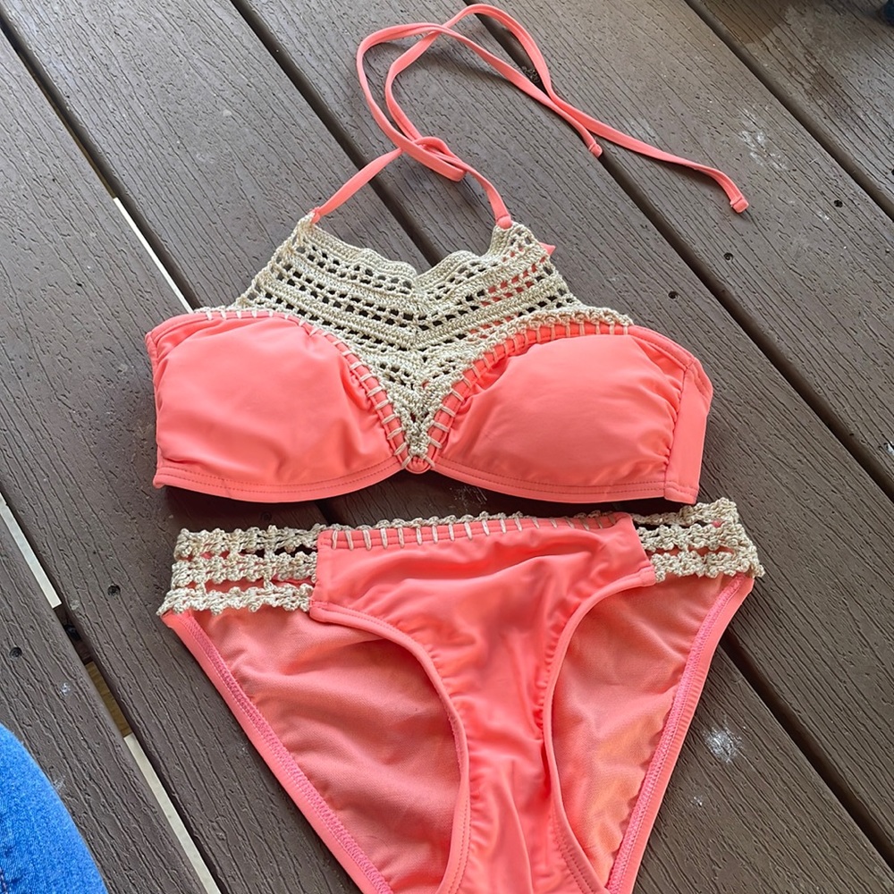 NWOT Coral Orange Crochet Bikini Set
